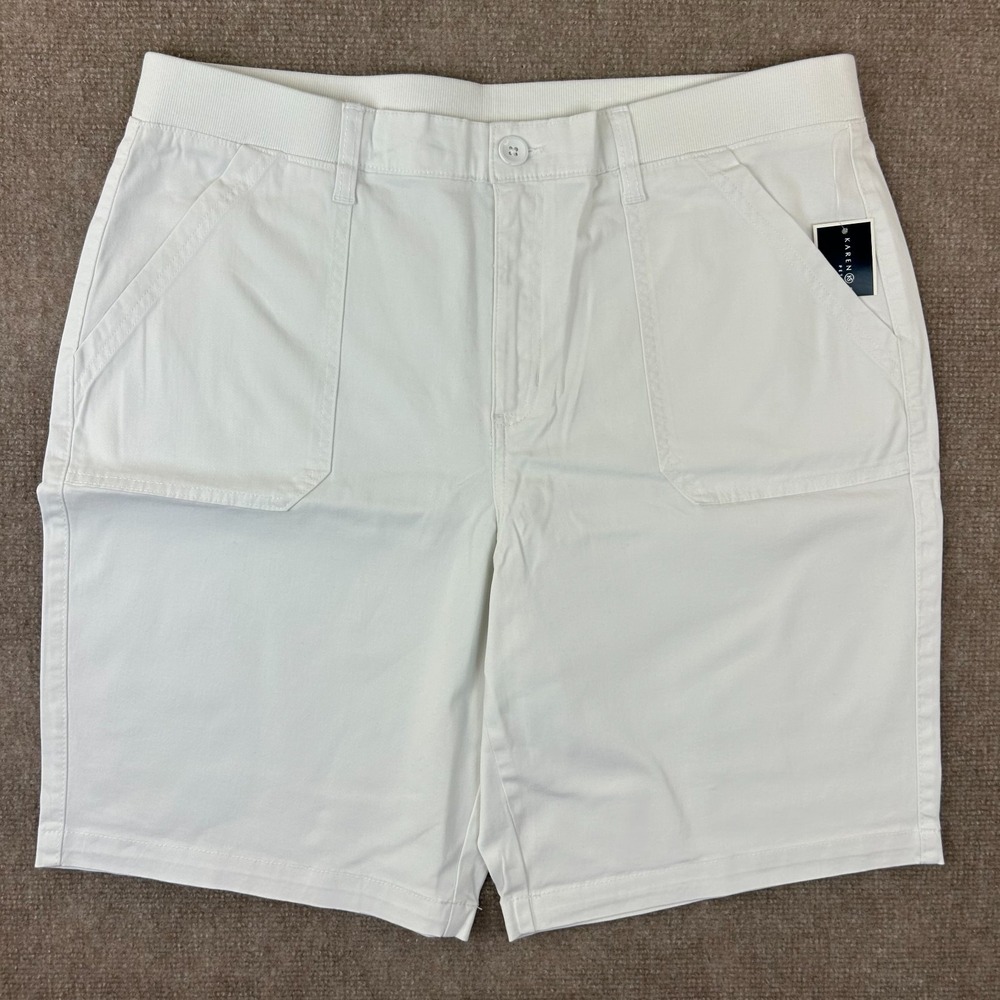 Karen Scott Woven Utility Shorts Womens 16 Petite White Cotton Stretch High Rise